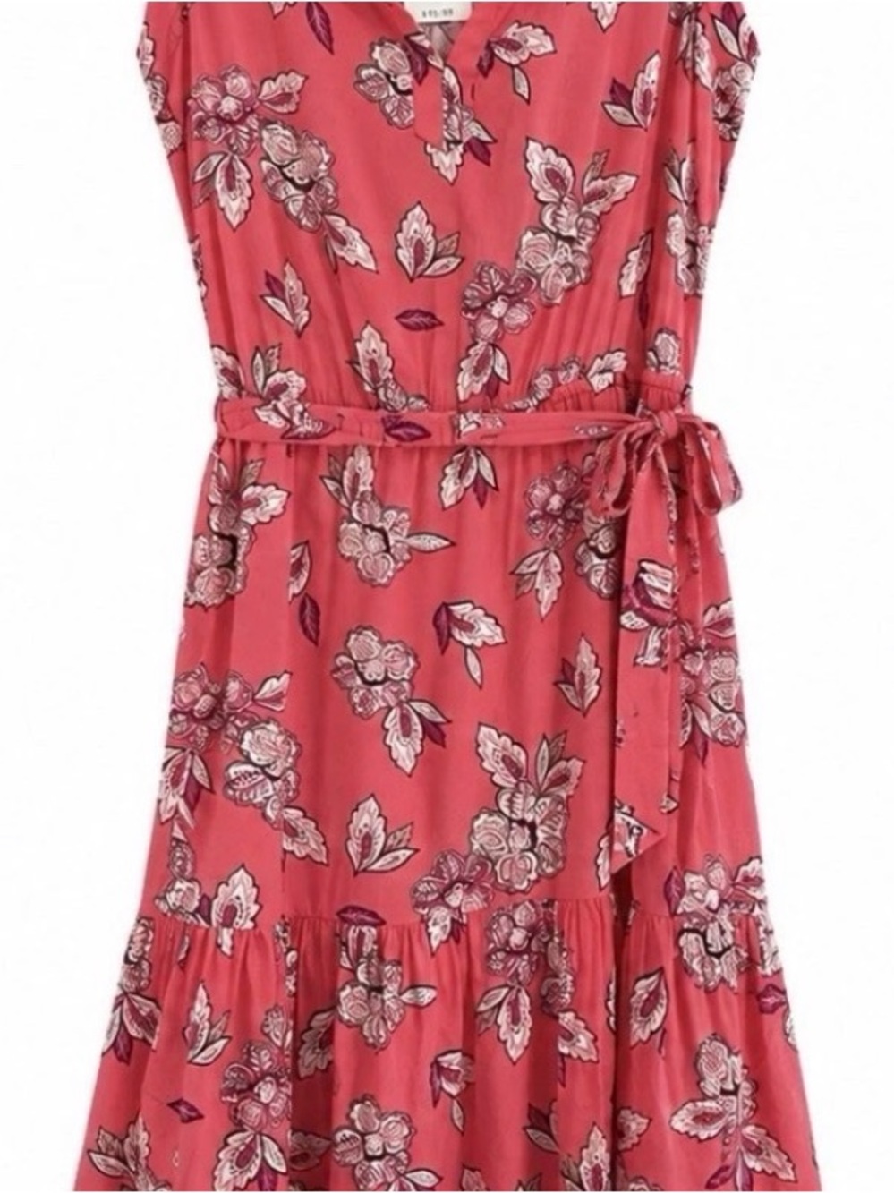 LOFT Pink Floral Tiered Tie-Waist Dress. Size S